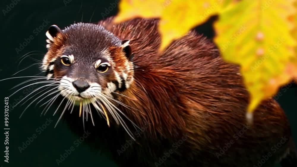 otter swims in the water with autumn leaves otter swims in the water with autumn leaves
