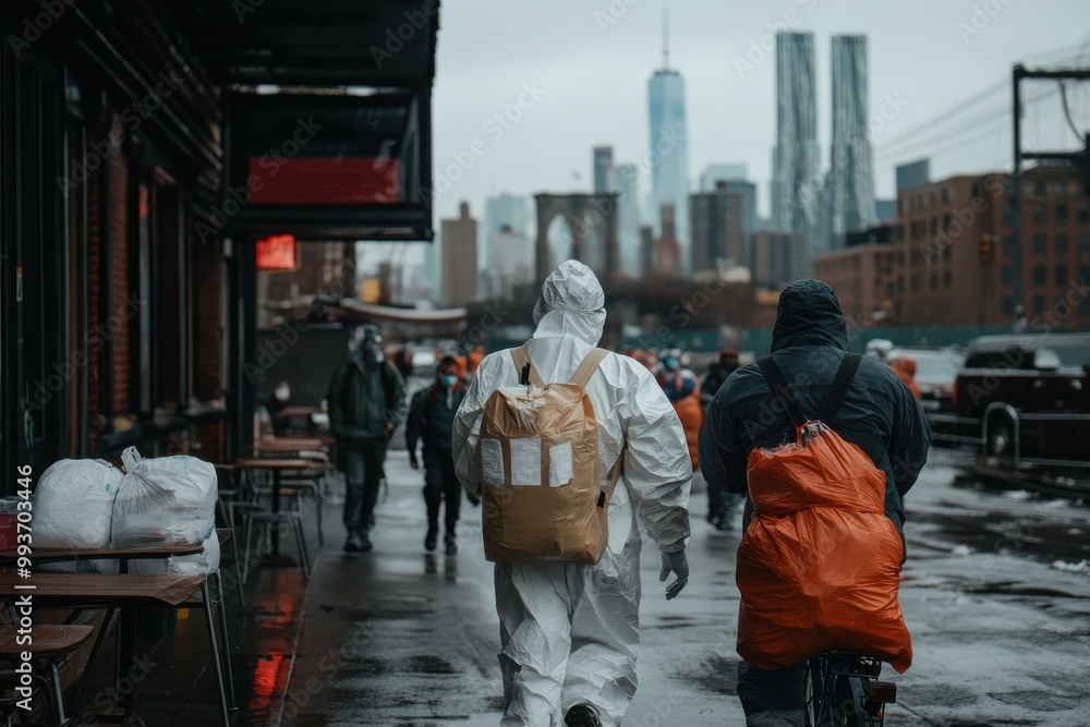 An individual wearing a hazmat suit walks on a city street, indicative of precautionary measures taken to prevent contamination in a bustling urban setting during a health crisis. An individual wearing a hazmat suit walks on a city street, indicative of precautionary measures taken to prevent contamination in a bustling urban setting during a health crisis.