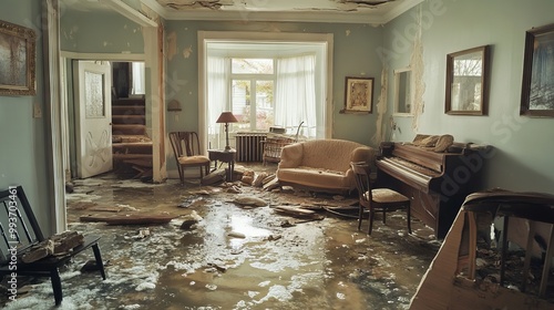 Interior Damage After Flood in Montreal Home Under Construction. AI generated illustration