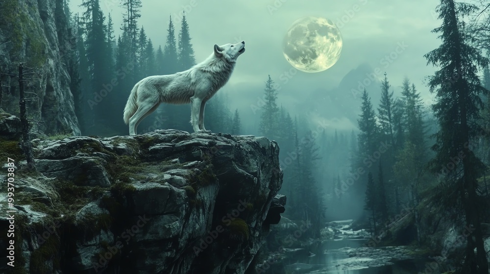 Wolf howling at the moon in a misty forest setting Wolf howling at the moon in a misty forest setting