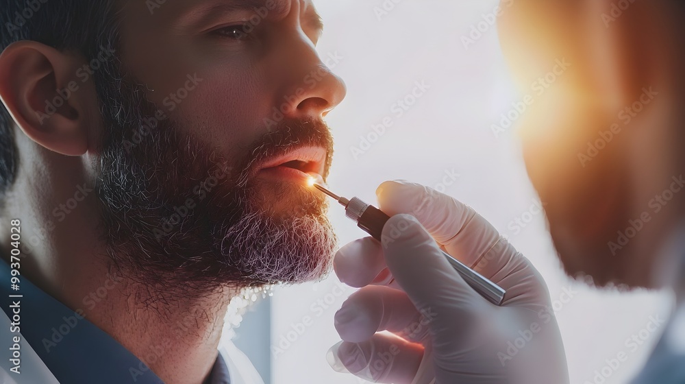 Fototapeta premium Doctor's Hand Examining Patient's Throat with Penlight for Medical Checkup