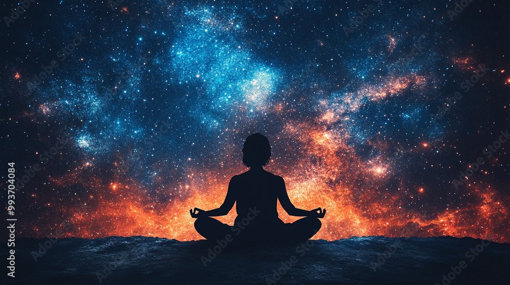 silhouette of a meditative figure is set against a vibrant cosmic backdrop, symbolizing the connection between energy, mindfulness, and the universe's expansive forces in deep spiritual reflection silhouette of a meditative figure is set against a vibrant cosmic backdrop, symbolizing the connection between energy, mindfulness, and the universe's expansive forces in deep spiritual reflection