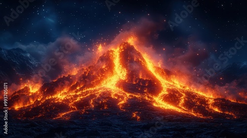 a dramatic volcano eruption captured against a starry night sky showcasing vibrant lava flows and ash plumes conveying raw power and the epic scale of nature