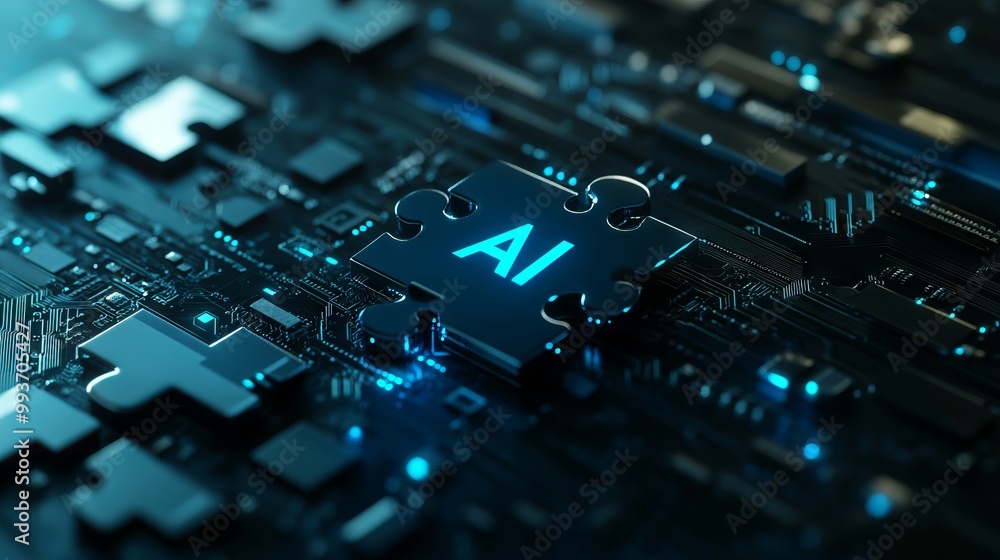 Connected Technology with AI Puzzle Piece on Circuit Board Background. AI generated illustration Connected Technology with AI Puzzle Piece on Circuit Board Background. AI generated illustration