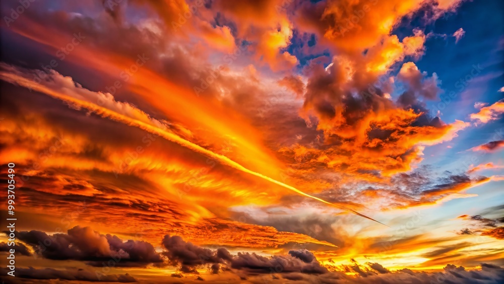 Fototapeta premium Vibrant Orange Streak in the Sky at Sunset with Dramatic Clouds Creating a Stunning Atmosphere