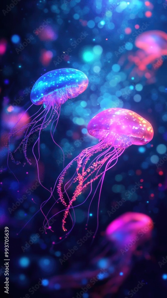 Fototapeta premium Colorful jellyfish glowing in deep water, creating a magical underwater scene with vibrant lights and ethereal beauty.