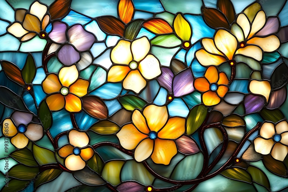 Stained glass window background of daisies, and spring flowers, wallpaper, pattern. Stained glass window background of daisies, and spring flowers, wallpaper, pattern.