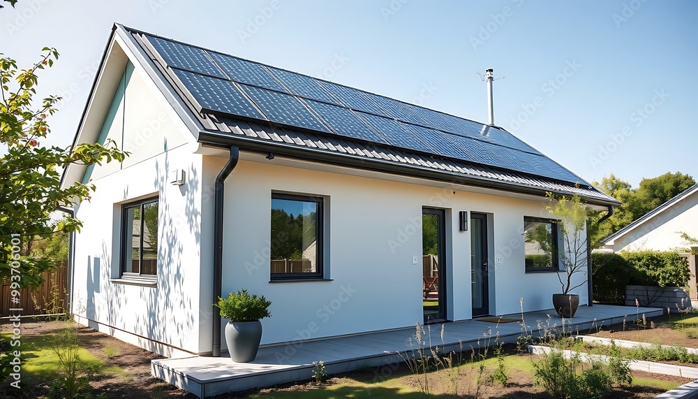 A modern, eco-friendly prefabricated house with solar panels on the roof and a garden surrounding the property. A modern, eco-friendly prefabricated house with solar panels on the roof and a garden surrounding the property.