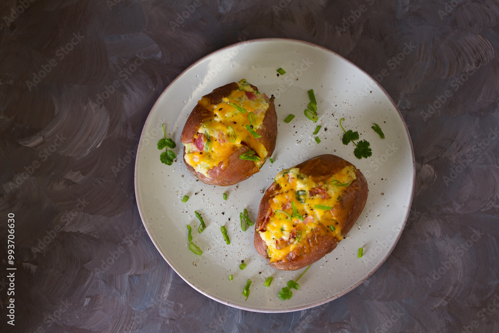 Cheesy stuffed baked potatoes topped with cheese, bacon and cream. Top view, flat lay Cheesy stuffed baked potatoes topped with cheese, bacon and cream. Top view, flat lay