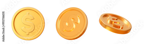 3D set realistic golden coins with sign dollar and different angles. Stock vector illustration on isolated background.