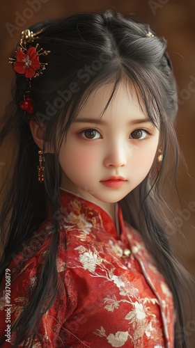 Hyper-realistic portrait of a young Chinese girl in traditional dress with delicate facial features