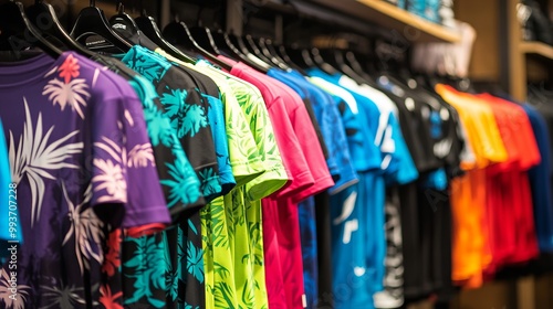 Vibrant Display of Men's Sports T-Shirts in an Athletic Wear Store. AI generated illustration