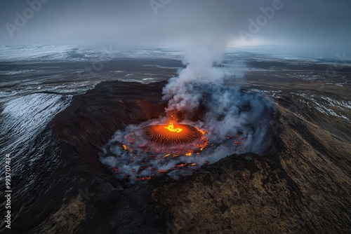 An extraordinary sight of an erupting volcano with fiery lava flows cutting through icy plains, emitting thick smoke, showcasing the interplay between fire and ice in nature.