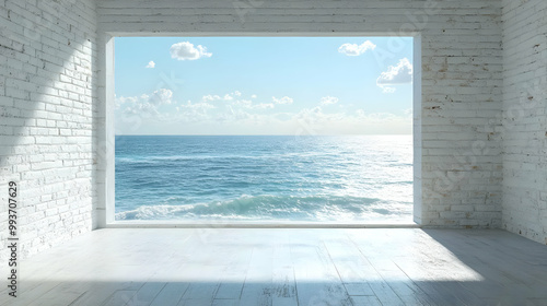 White Brick Wall Room with Ocean View 3D Illustration