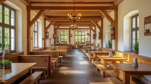 Modern restaurant decoration with wood, warm, comfortable and feels like home for family dining. Ai generated image