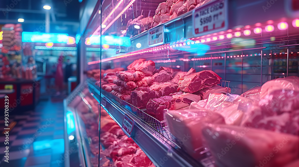 Meat aisle with various cuts displayed in a refrigerated grocery section. close-up of a meat fridge in a grocery store filled with various cuts of fresh meat various cuts of beef, pork and other meats Meat aisle with various cuts displayed in a refrigerated grocery section. close-up of a meat fridge in a grocery store filled with various cuts of fresh meat various cuts of beef, pork and other meats