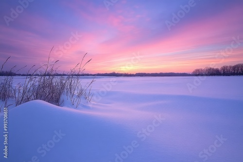 Silhouetted Grass in a Snowy Field at Sunset