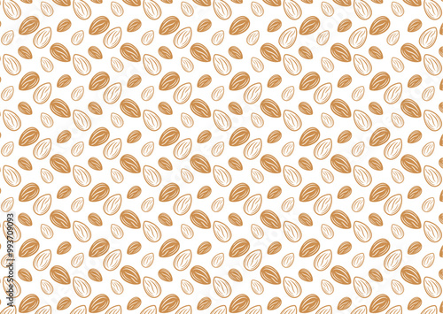 Almond Texture Sheet Colored Contour Lines on a White Background Vector - Abstract Seamless Pattern of a Set of Almond Kernels for Menu Design or Confectionery, Textiles, Vector Illustration