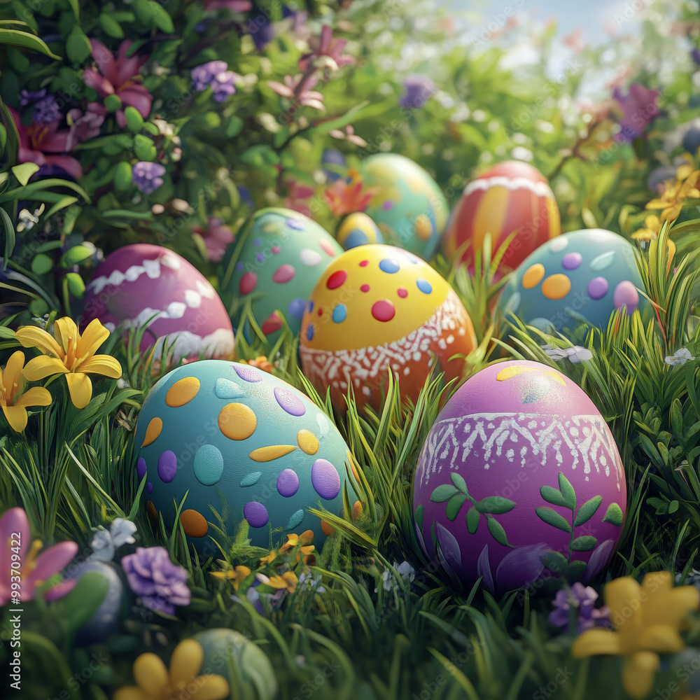 a high quality digital illustration of colorful Easter eggs, hidden in a lush garden, whimsical, vibrant colors, springtime, detailed texture, festive, cartoon style, vertical composition a high quality digital illustration of colorful Easter eggs, hidden in a lush garden, whimsical, vibrant colors, springtime, detailed texture, festive, cartoon style, vertical composition