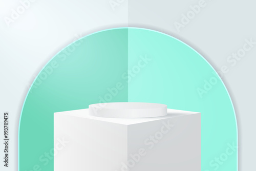 Abstract 3D white and green  podium background. Modern minimalist mockup for product display presentation. Realistic white cylinder pedestal podium.