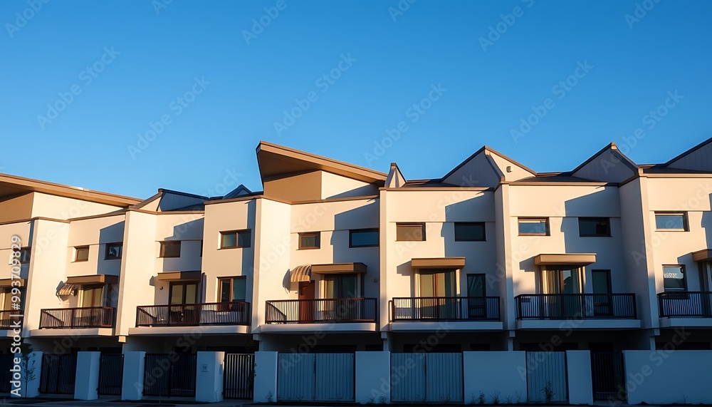 Fototapeta premium A row of contemporary townhouses with sharp angles, flat roofs, and neutral color palettes, set against a bright blue sky.
