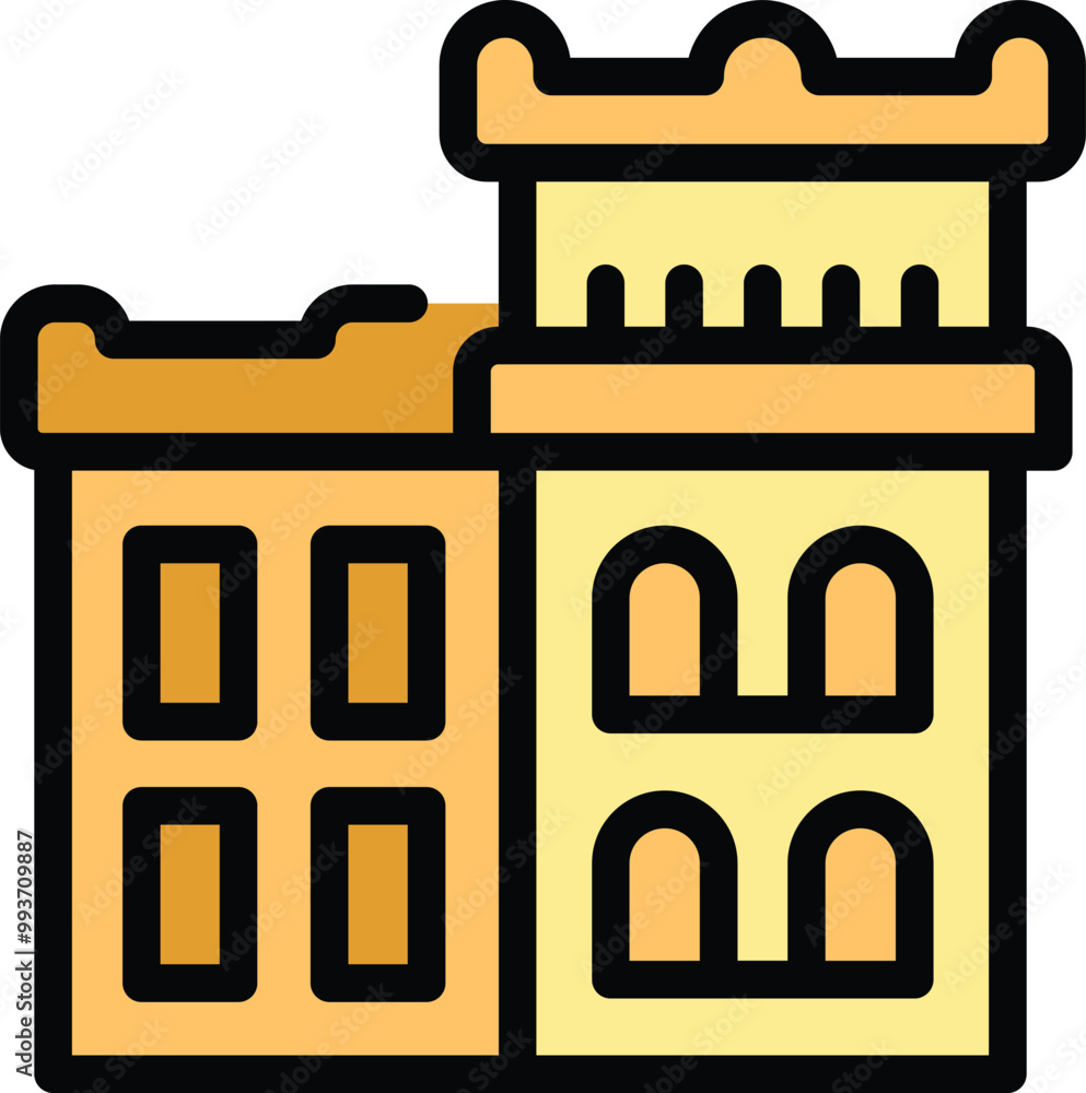 Simple colorful icon of a medieval castle tower protecting a small stone house Simple colorful icon of a medieval castle tower protecting a small stone house