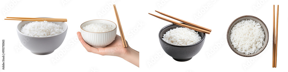 The image displays bowls of rice, one held by a hand, with chopsticks beside each, showcasing various presentations of rice on a dark background. The image displays bowls of rice, one held by a hand, with chopsticks beside each, showcasing various presentations of rice on a dark background.