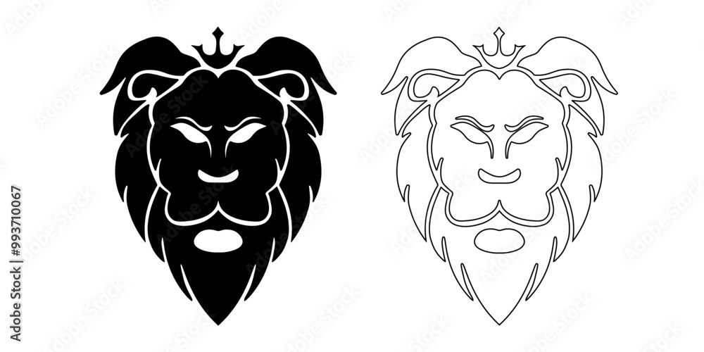 Lion heads with crowns. Leo black emblems. Luxury dark tattoo. Royal black outline. Lion heads with crowns. Leo black emblems. Luxury dark tattoo. Royal black outline.