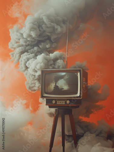 Wallpaper Mural ward-winning, art deco photography, hyper realistic, tv object in the middle of light persimmon color background, factory making grey smoke is on tv Torontodigital.ca