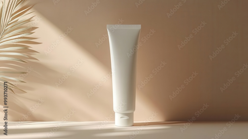 a minimalist presentation of a white mockup tube of facial cream held against a soft beige background highlighting skincare and beauty in a clean and elegant manner a minimalist presentation of a white mockup tube of facial cream held against a soft beige background highlighting skincare and beauty in a clean and elegant manner