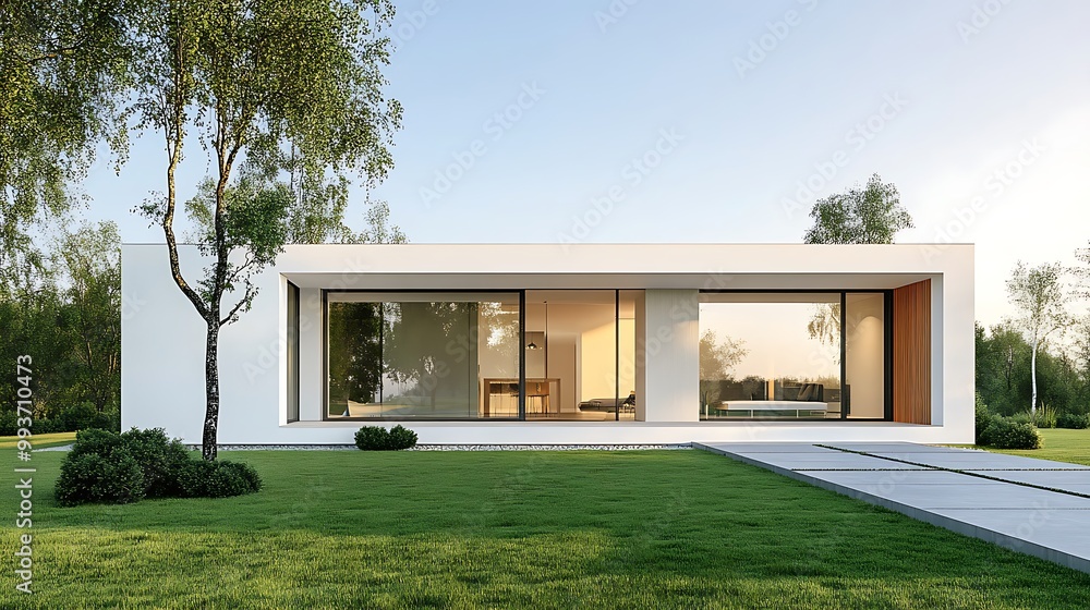 Modern Minimalist House with Large Windows and Green Lawn Modern Minimalist House with Large Windows and Green Lawn