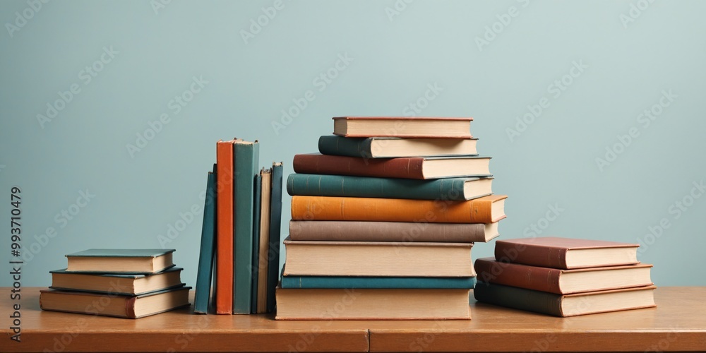 Stack of Books on Wooden Table Against Light Blue Wall. Stack of Books on Wooden Table Against Light Blue Wall.