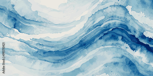 Blue ocean wave background. Blue and white water ocean background. Wavy line background. Hand drawn watercolour ocean background. Vector illustration.