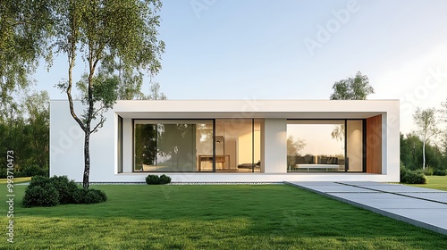 Modern Minimalist House with Large Windows and Green Lawn