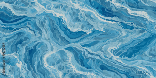 Vector ocean watercolor soft blue and white wavey curve line background. Blue water ocean sea wave seamless background.