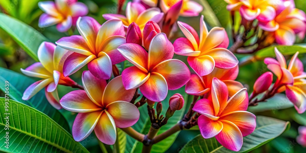 Obraz premium Vibrant Plumeria Flower Colors in Full Bloom Showcasing Nature's Beauty and Tropical Serenity