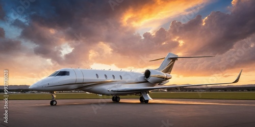 Private Jet on the Tarmac at Sunset.