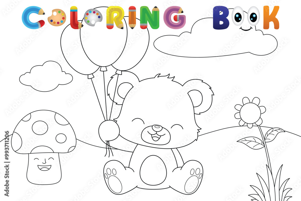 Fototapeta premium Bear with balloons in a happy outdoor setting coloring book page. Vector illustration