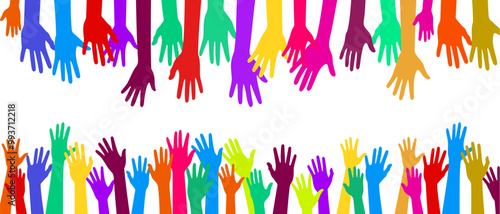 Raised hands for Teamwork, collaboration, voting, volunteering silhouette color filled vector illustration icon.