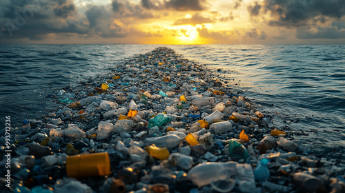 underwater view of plastic pollution and microplastics scattered across the ocean floor. The image highlights the environmental crisis of marine debris threatening aquatic ecosystems photo