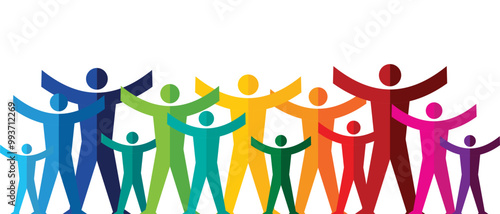 People raise their arms representing diversity and unity color filled vector illustration icon