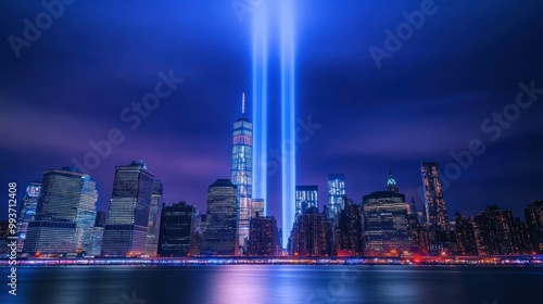 Close-up of Upward spotlights illuminating the New York City skyline at dusk on September 11. Ai generated image