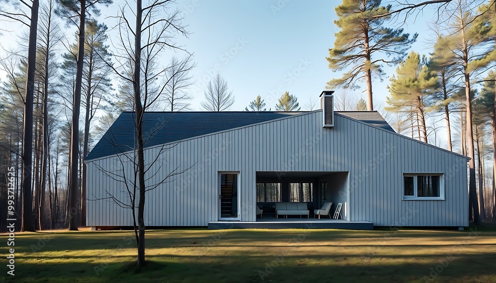 A minimalist Scandinavian-style detached house with light-colored wood siding and large windows, nestled in a natural forest setting. A minimalist Scandinavian-style detached house with light-colored wood siding and large windows, nestled in a natural forest setting.