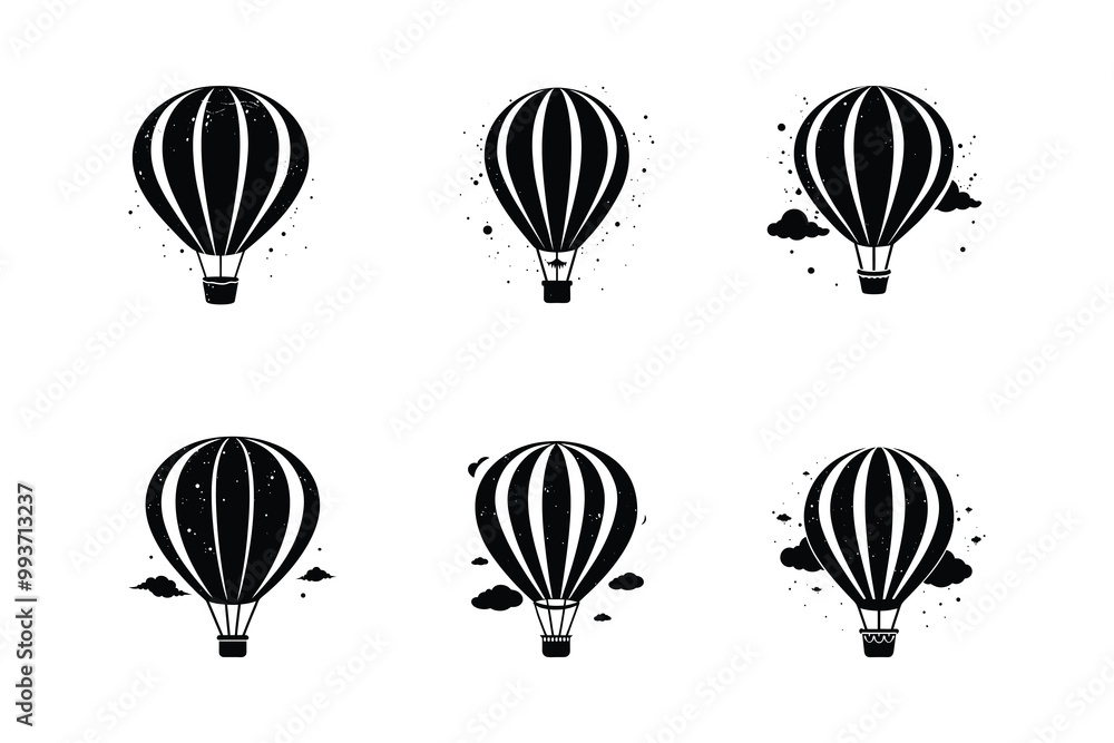 Hot air balloon silhouette icon set, flying air balloon silhouette, set of balloons silhouette isolated