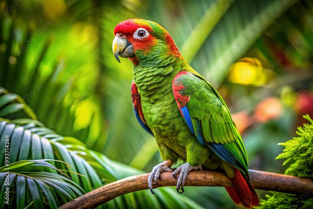 Obraz premium Vibrant Red-Crowned Amazon Parrot Perched on a Branch in Lush Green Tropical Environment