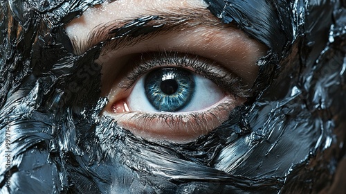 Blue Eye Peeking Through Black Paint: A Close-Up Portrait photo