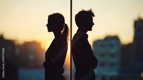 Silhouette of Couple Standing Back to Back at Sunset