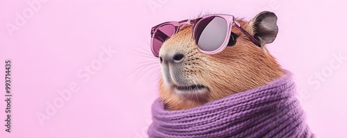 Fashionable Capybara in Sunglasses and Scarf on Pastel Lavender Background