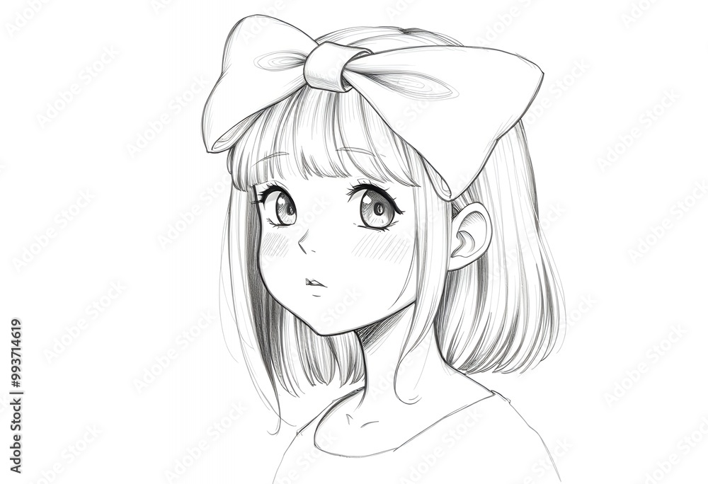 Anime Girl with Bow in Pencil Sketch Anime Girl with Bow in Pencil Sketch