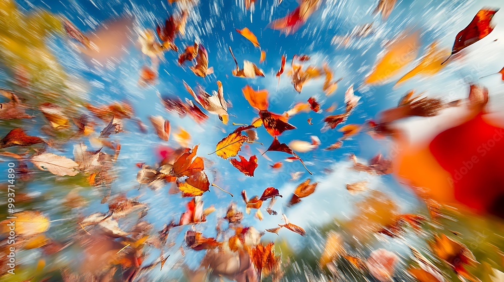 Colorful leaves swirl through the air in a burst of autumn color against a blue sky. Colorful leaves swirl through the air in a burst of autumn color against a blue sky.